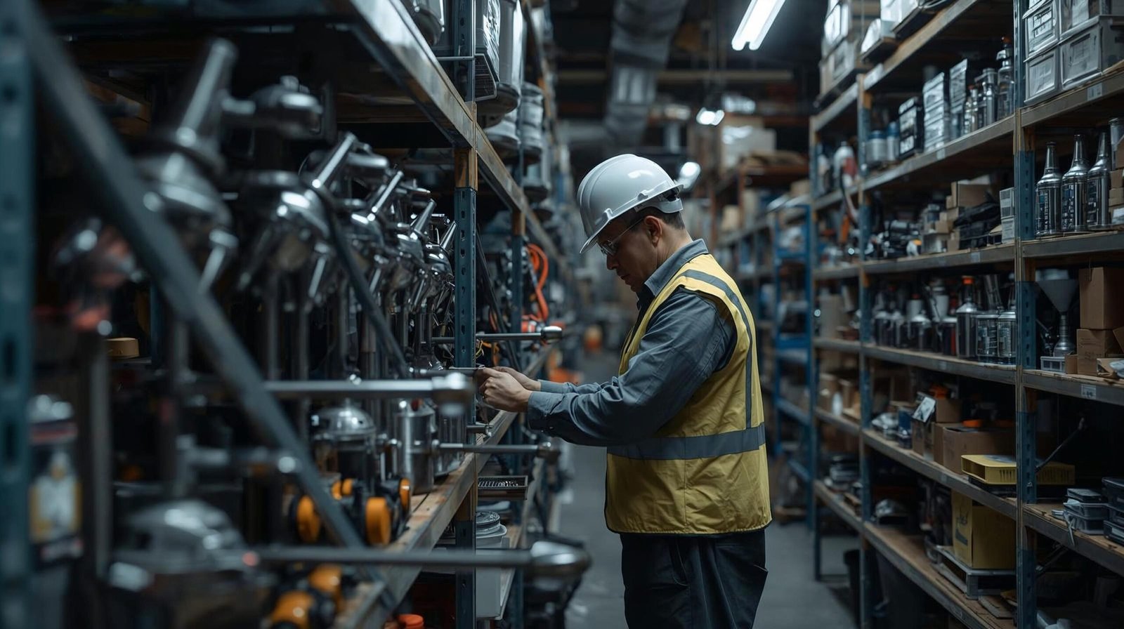 Technician working with industrial supplies in a factory environment